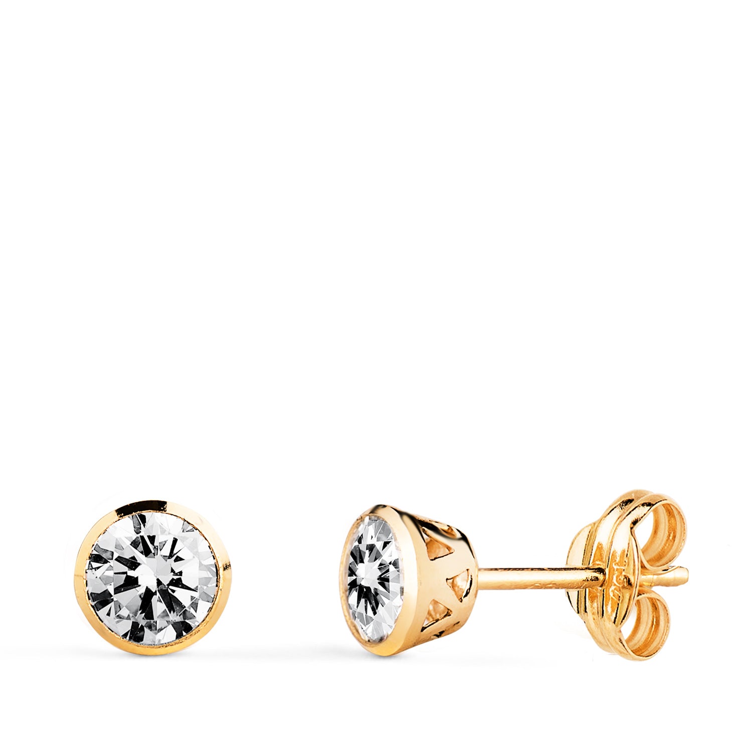 Boucles d'oreilles Chaton en Or Jaune 18K avec Zircon Ajouré en Forme de Panier Largeur : 5MM Bouton Pression
