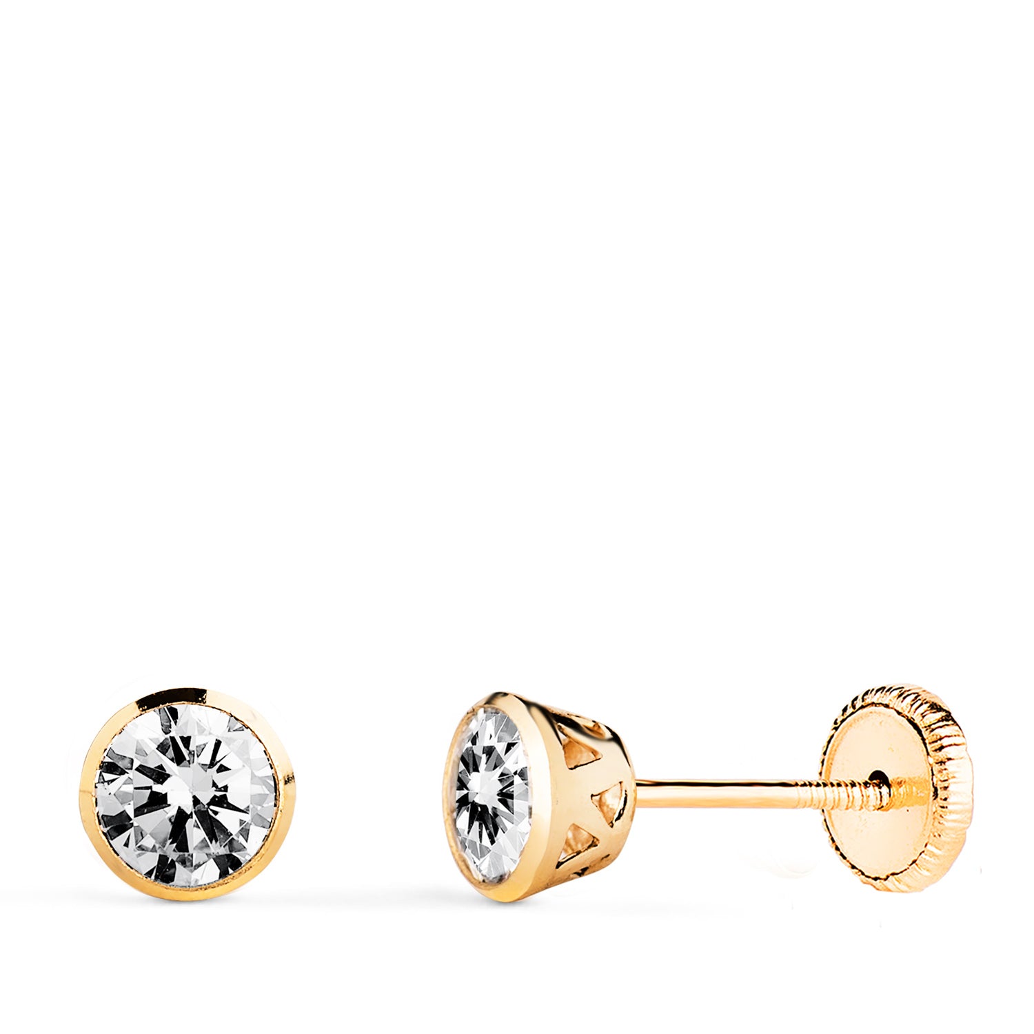 Boucles d'oreilles en Or Jaune 18K Chaton avec Zircon Ajouré en Forme de Panier Largeur : 5MM Fermeture à Vis
