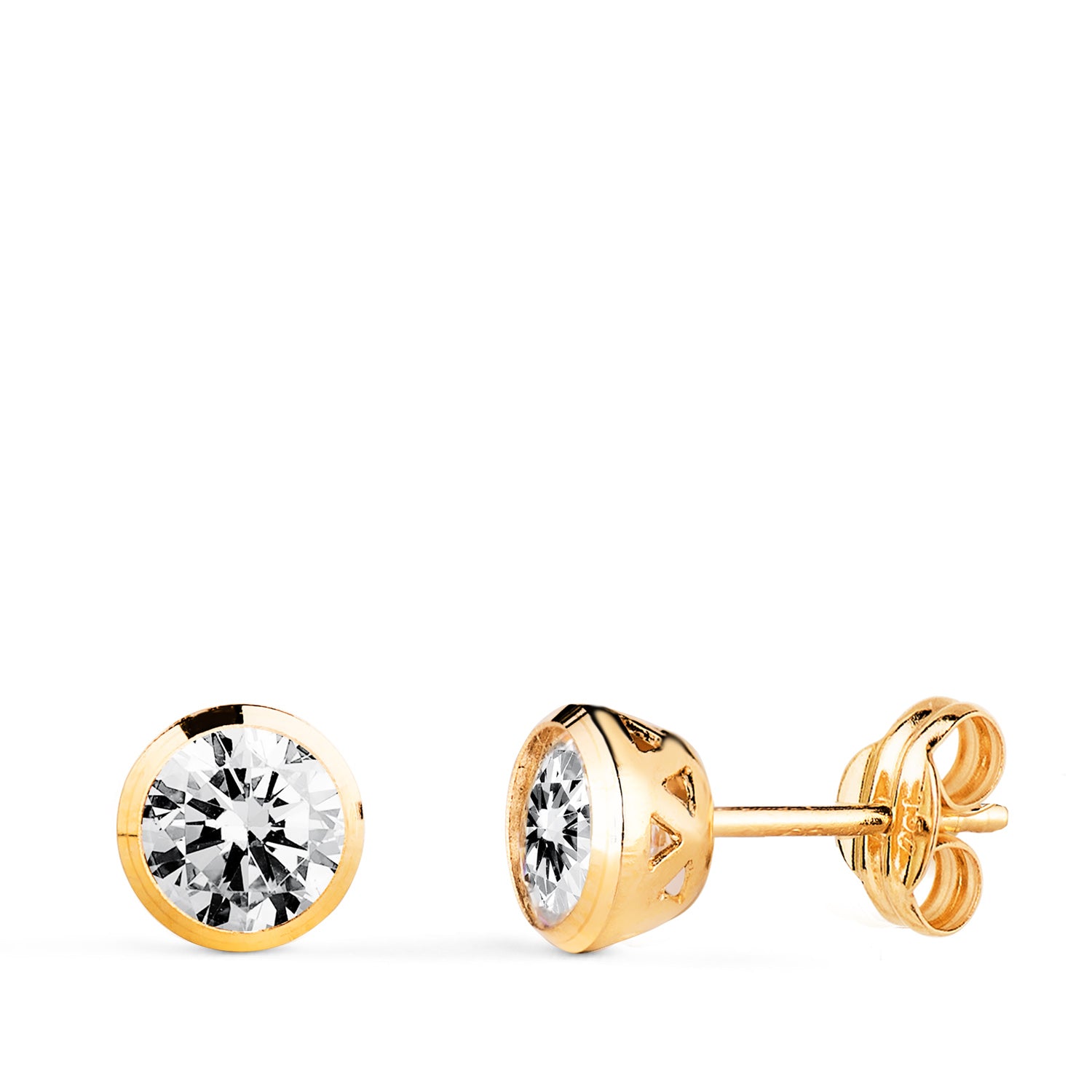 Boucles d'oreilles Chaton en Or Jaune 18K avec Zircon Ajouré en Forme de Panier Largeur : 6MM Bouton Pression