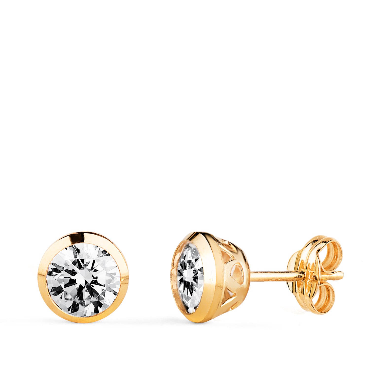 Boucles d'oreilles Chaton en Or Jaune 18K avec Zircon Ajouré en Forme de Panier Largeur : 7MM Fermeture à Pression