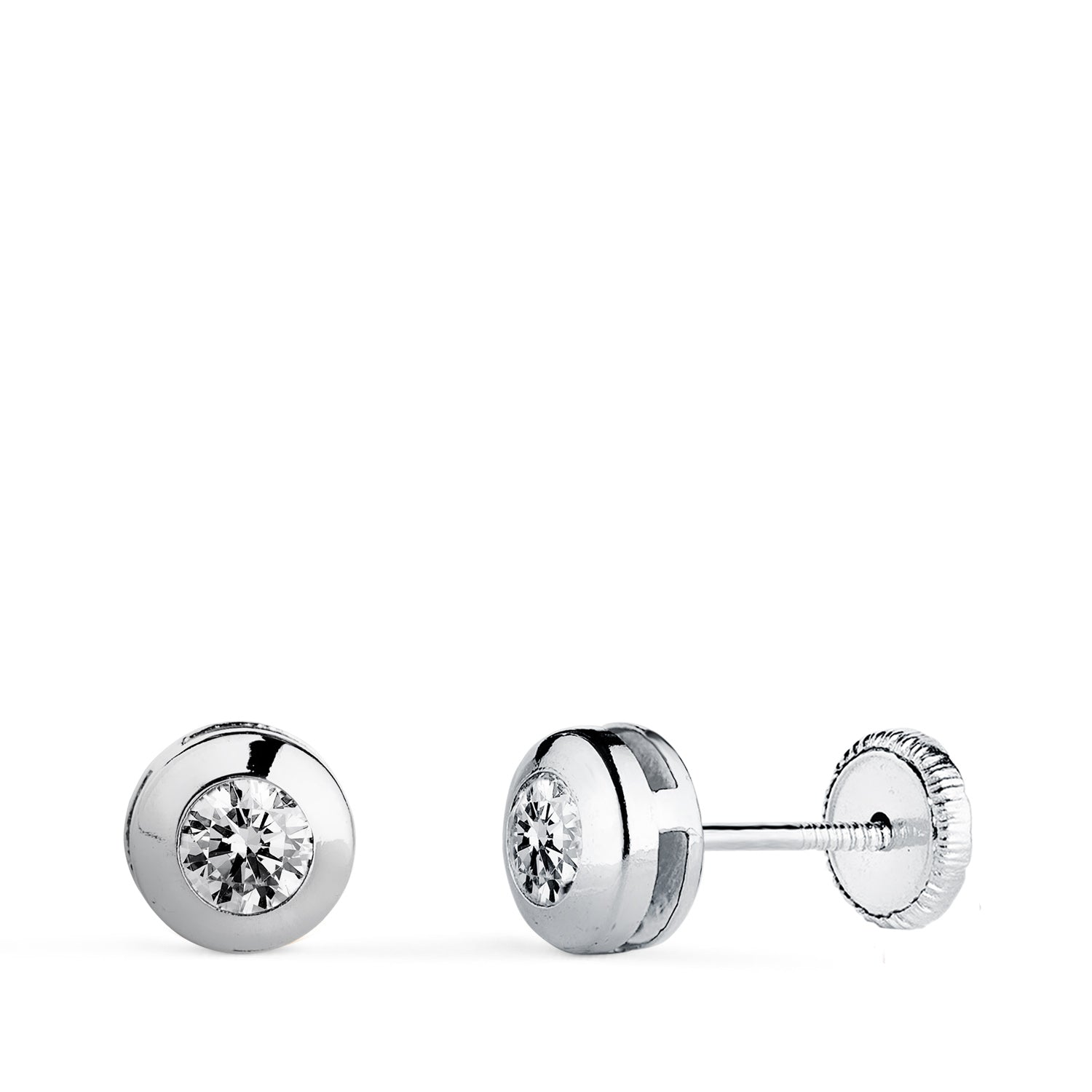 Boucles d'oreilles en Or Blanc 18K Galerie de Chaton avec Zircon Taille : 6 mm Fermoir a Vis