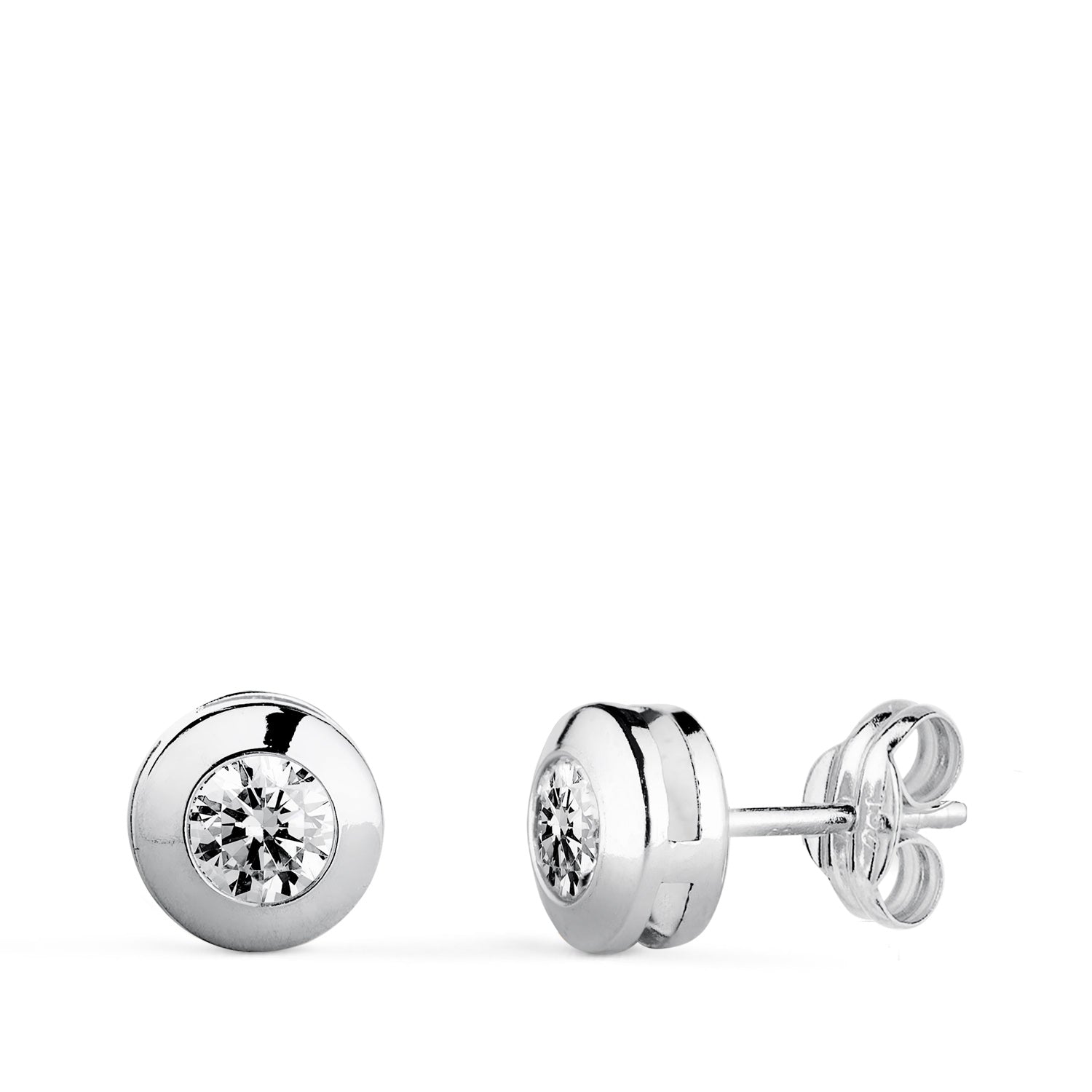 Boucles d'oreilles Or Blanc 18K Galerie Chaton avec Zircon Cubique Taille : 6,5 mm Fermoir Poussettes Papillon