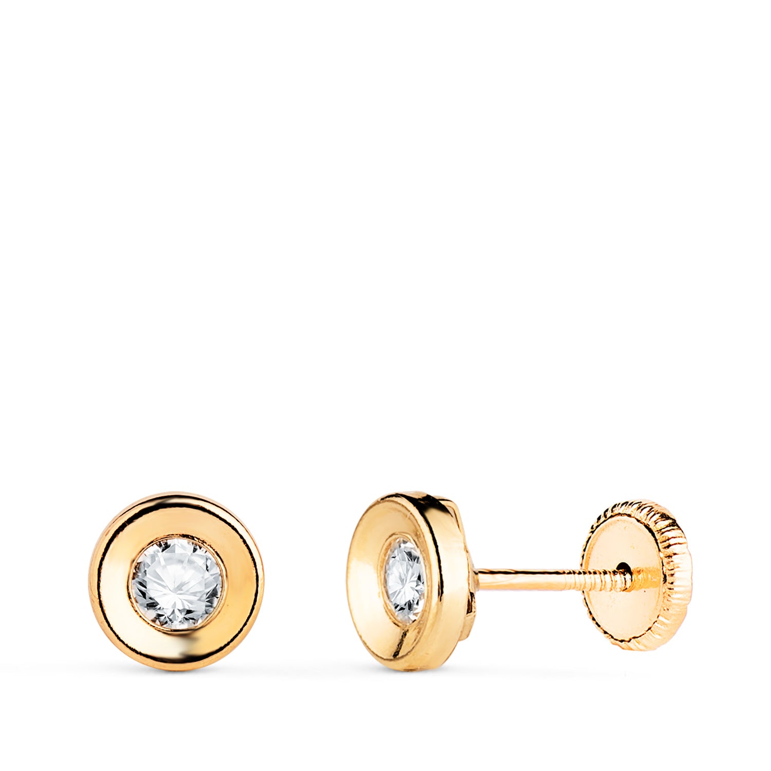 Boucles d'oreilles en Or Jaune 18K Rondes Concaves avec Zircone Largeur : 5.5 mm Fermoir a Vis