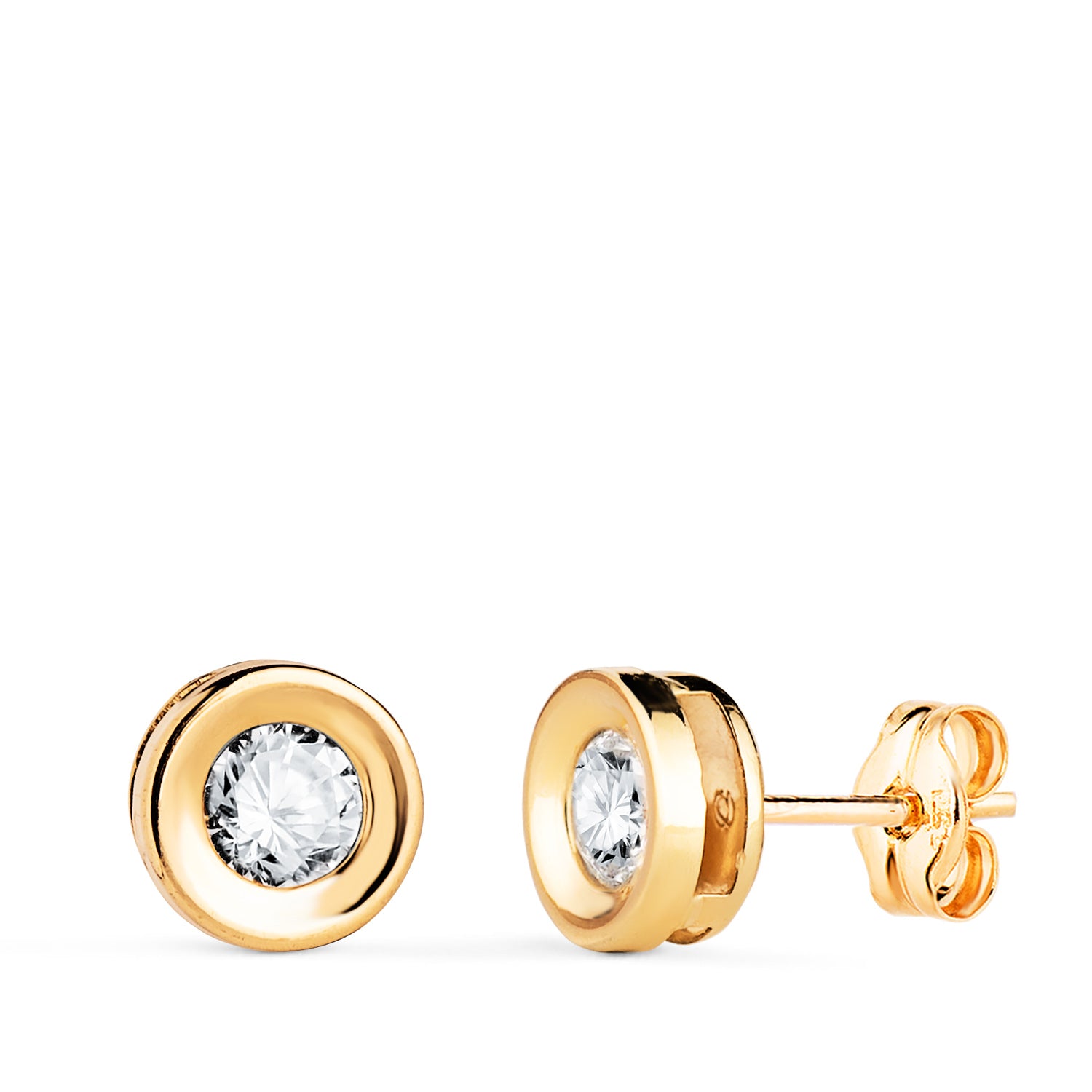 Boucles d'oreilles en Or Jaune 18K Rondes Concaves avec Zirconia Largeur : 7 mm Fermoir Poussettes Papillon