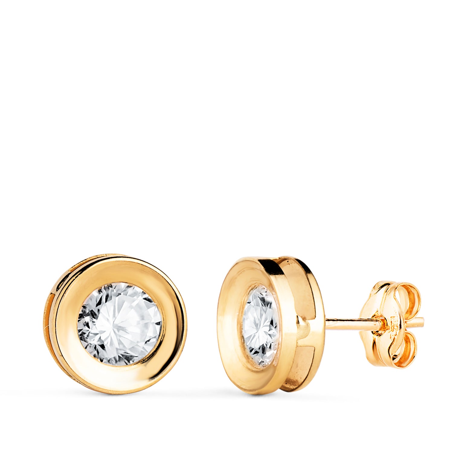 Boucles d'oreilles Or Jaune 18K Rondes Concaves avec Zirconia Largeur : 8 mm Fermoir Poussettes Papillon