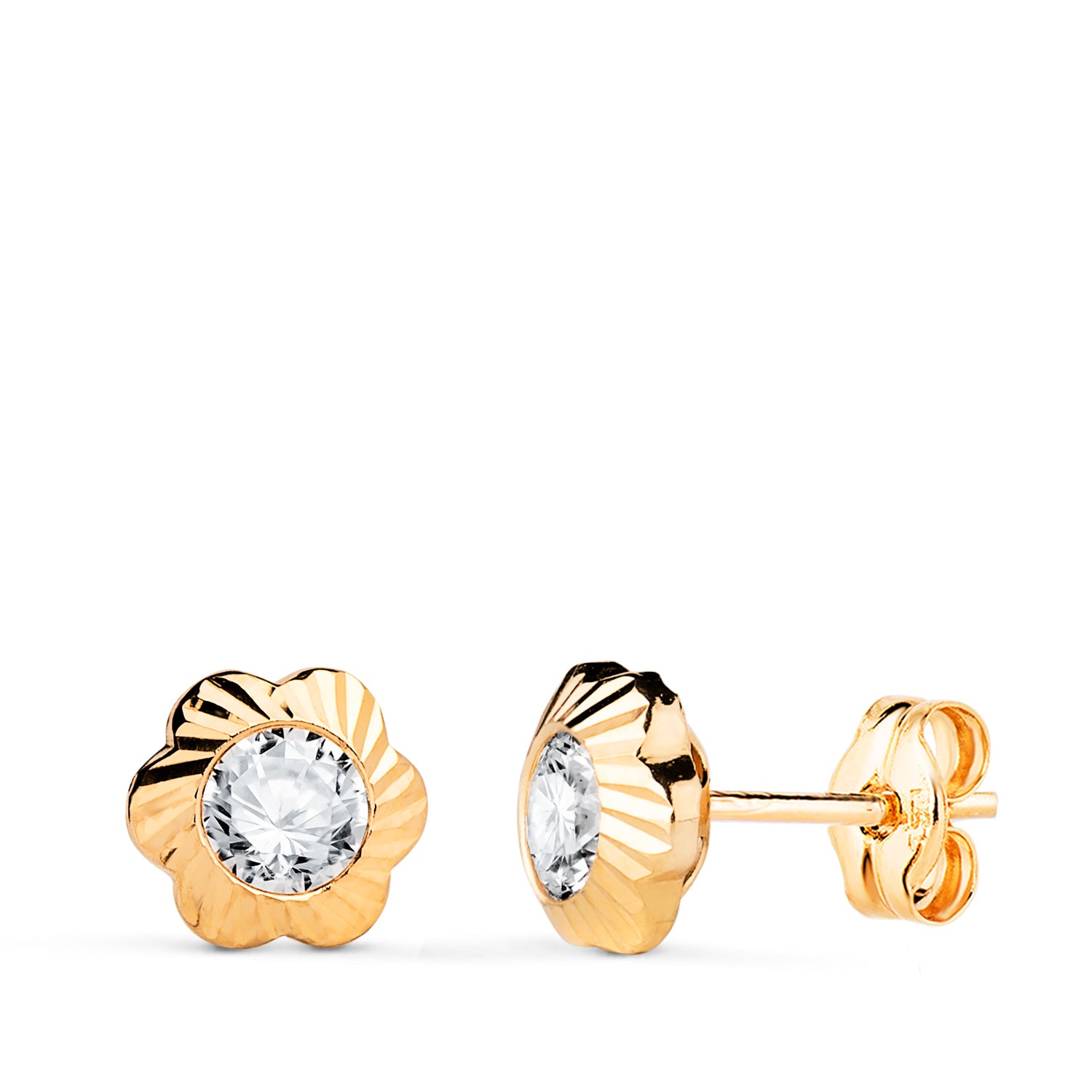 Boucles d'oreilles Or Jaune 18K Fleur Zircone Sculptée Taille : 7MM Fermoir Poussettes Papillon