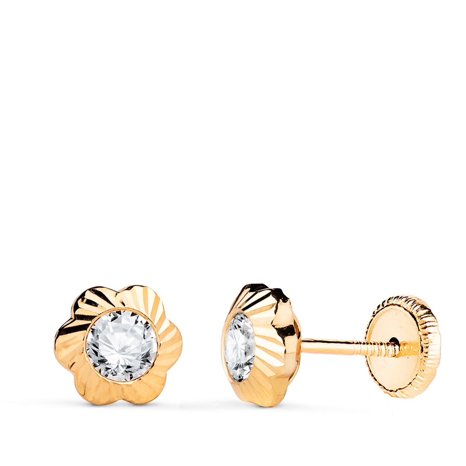 Boucles d'oreilles Or Jaune 18K Fleur Zircone Sculptée Taille : 7MM Fermoir a Vis