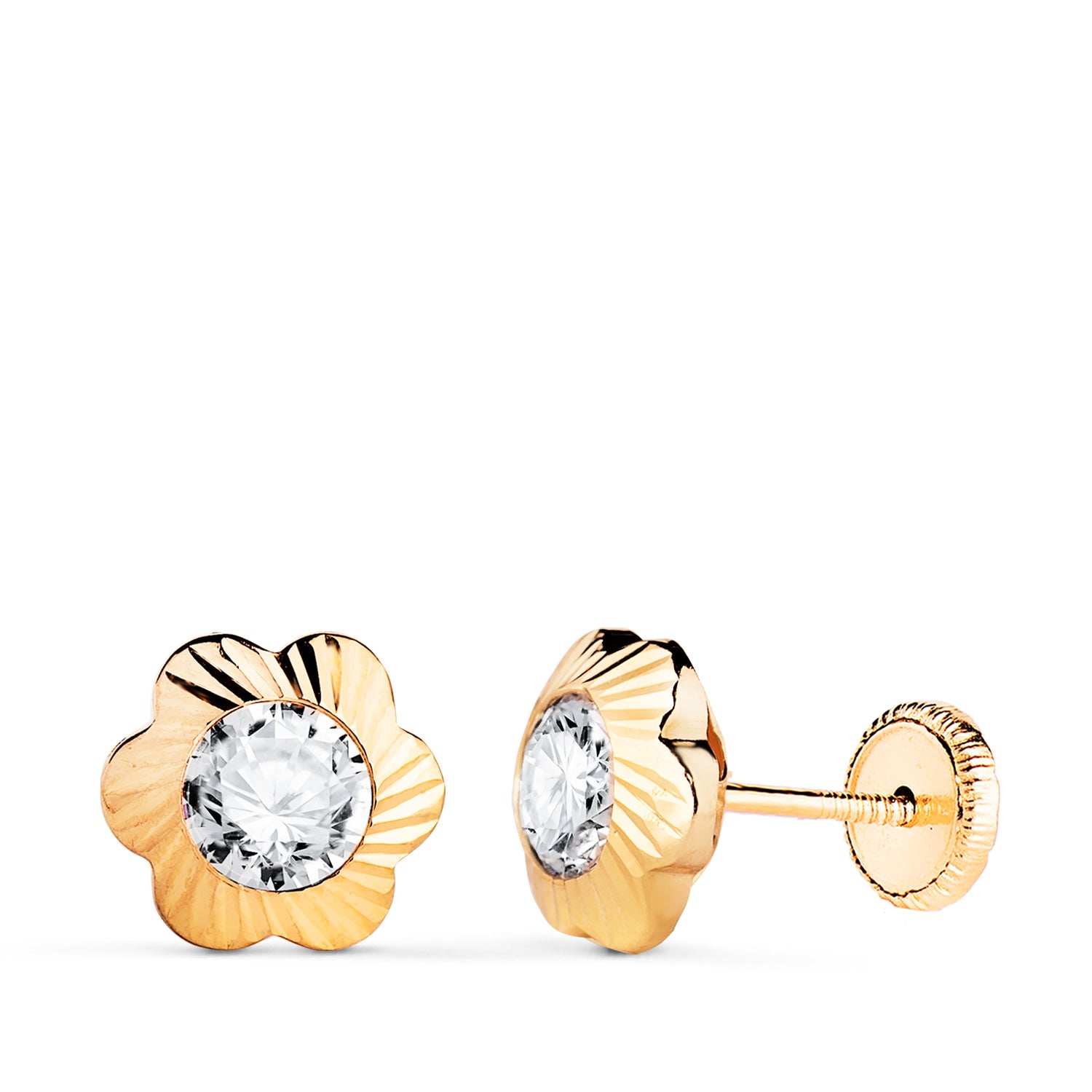 Boucles d'oreilles Or Jaune 18K Fleur avec Zircone Sculptée Mesure : 9MM Fermoir a Vis