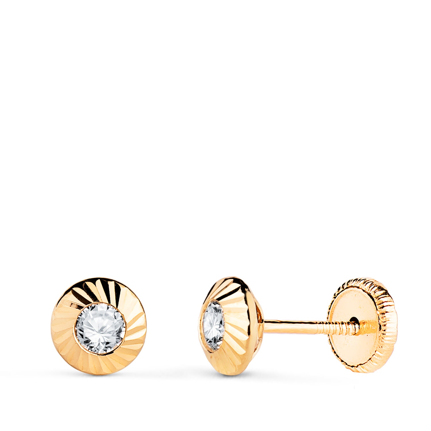 Boucles d'oreilles Rondes en Or Jaune 18K avec Zircons Sculptés Taille : 5,5MM Fermoir a Vis
