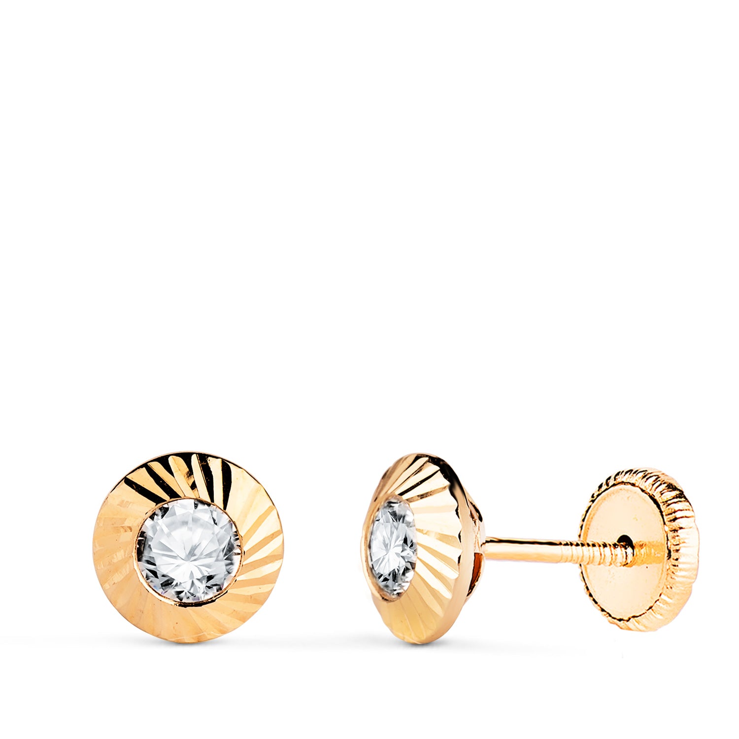Boucles d'oreilles Rondes en Or Jaune 18K avec Bordure en Zircone Sculptée Mesure : 7MM Fermoir a Vis