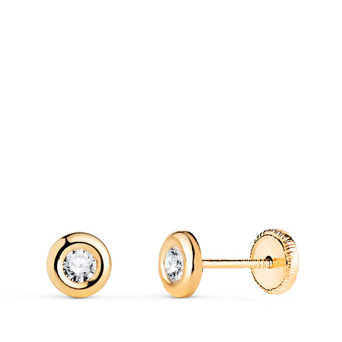 Clous d'oreilles chaton rond poli oxyde de zirconium – Or jaune 18 carats – 4 mm / Vis