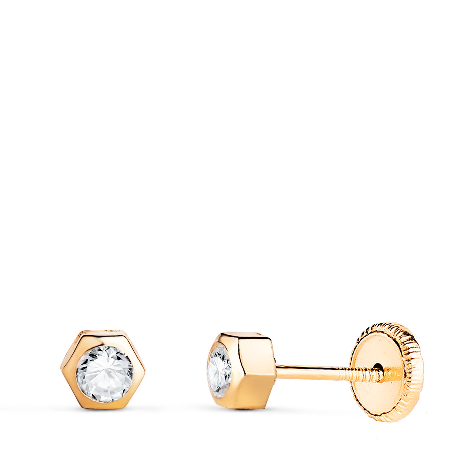 Boucles d'oreilles en Or Jaune 18K Hexagone avec Zircon Taille : 3,5 X 3 mm Fermoir a Vis