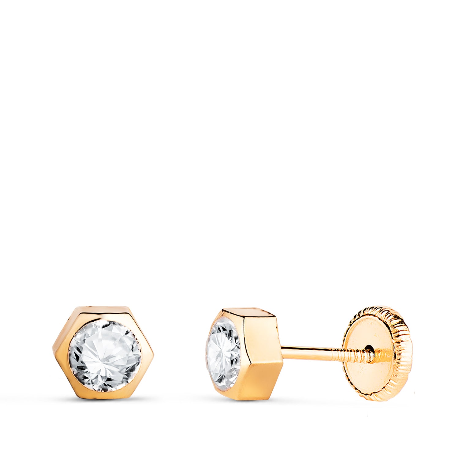 Boucles d'oreilles en Or Jaune 18K Hexagone avec Zircon Taille : 5 X 4,5 mm Fermoir a Vis
