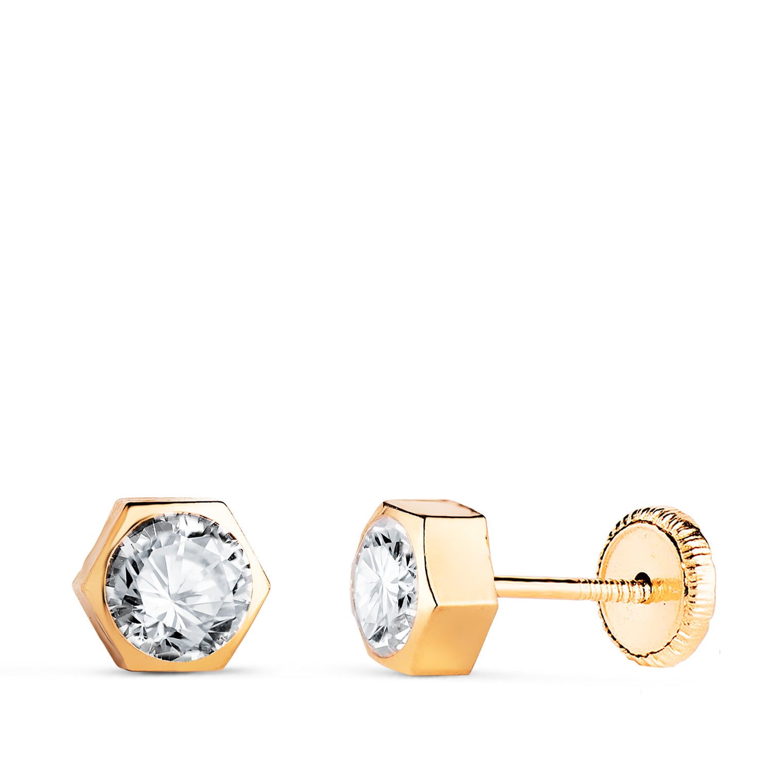 Boucles d'oreilles en Or Jaune 18K Hexagone avec Zircon Taille : 6 X 5,5 mm Fermoir a Vis