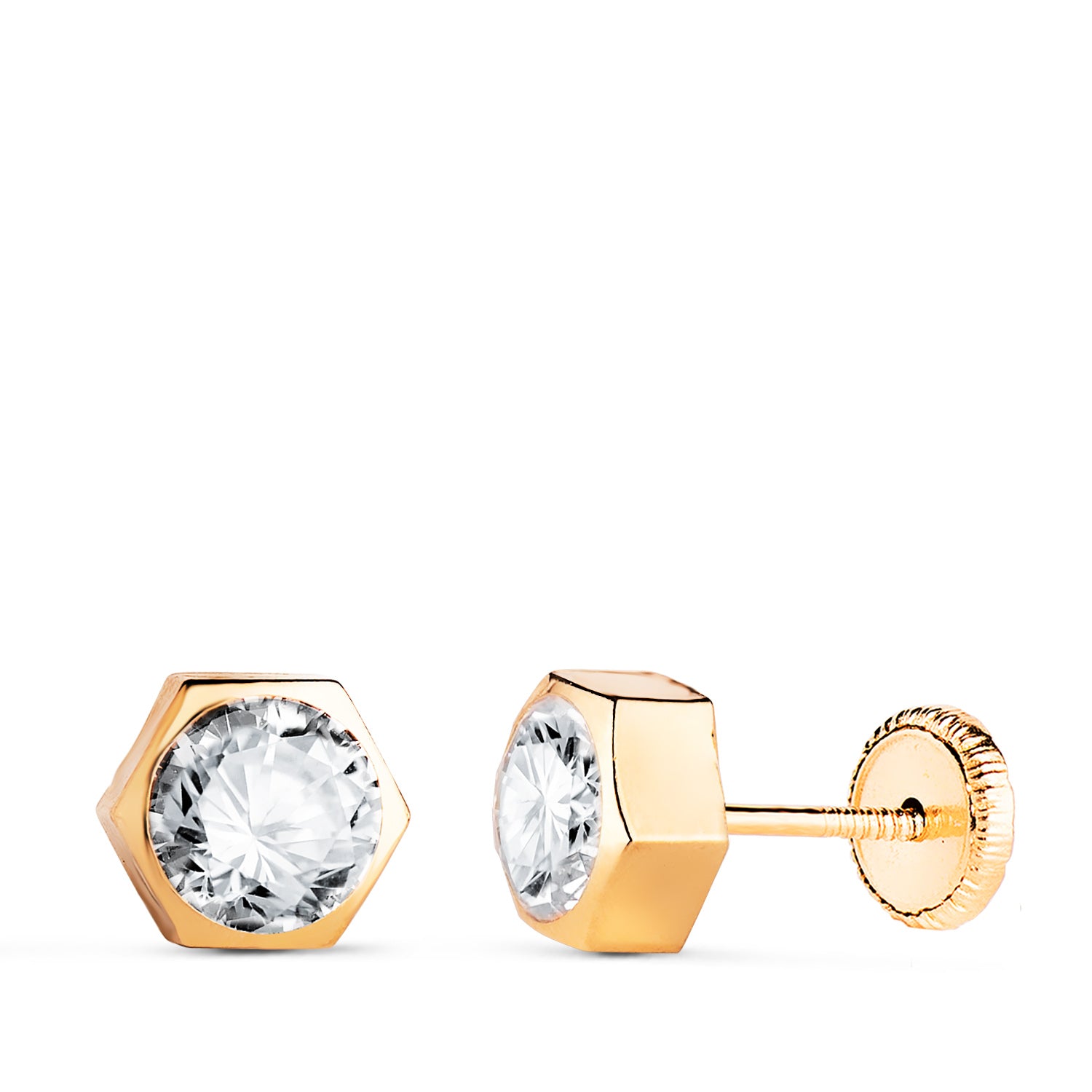 Boucles d'oreilles en Or Jaune 18K Hexagone avec Zircon Taille : 7 X 6,5 mm Fermoir a Vis