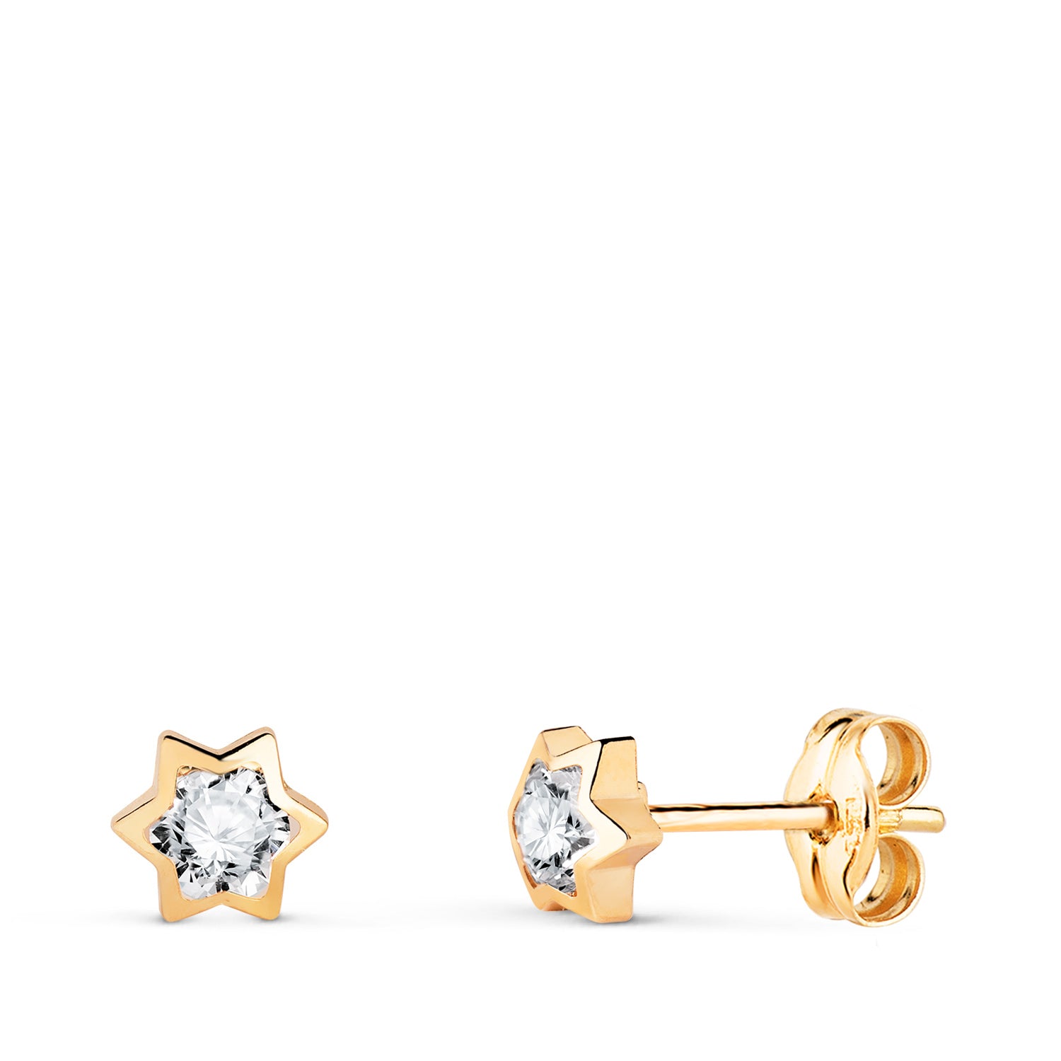 Boucles d'oreilles en Or Jaune 18K Étoile avec Zircon Taille : 4,5 X 4 mm Fermoir Poussettes Papillon