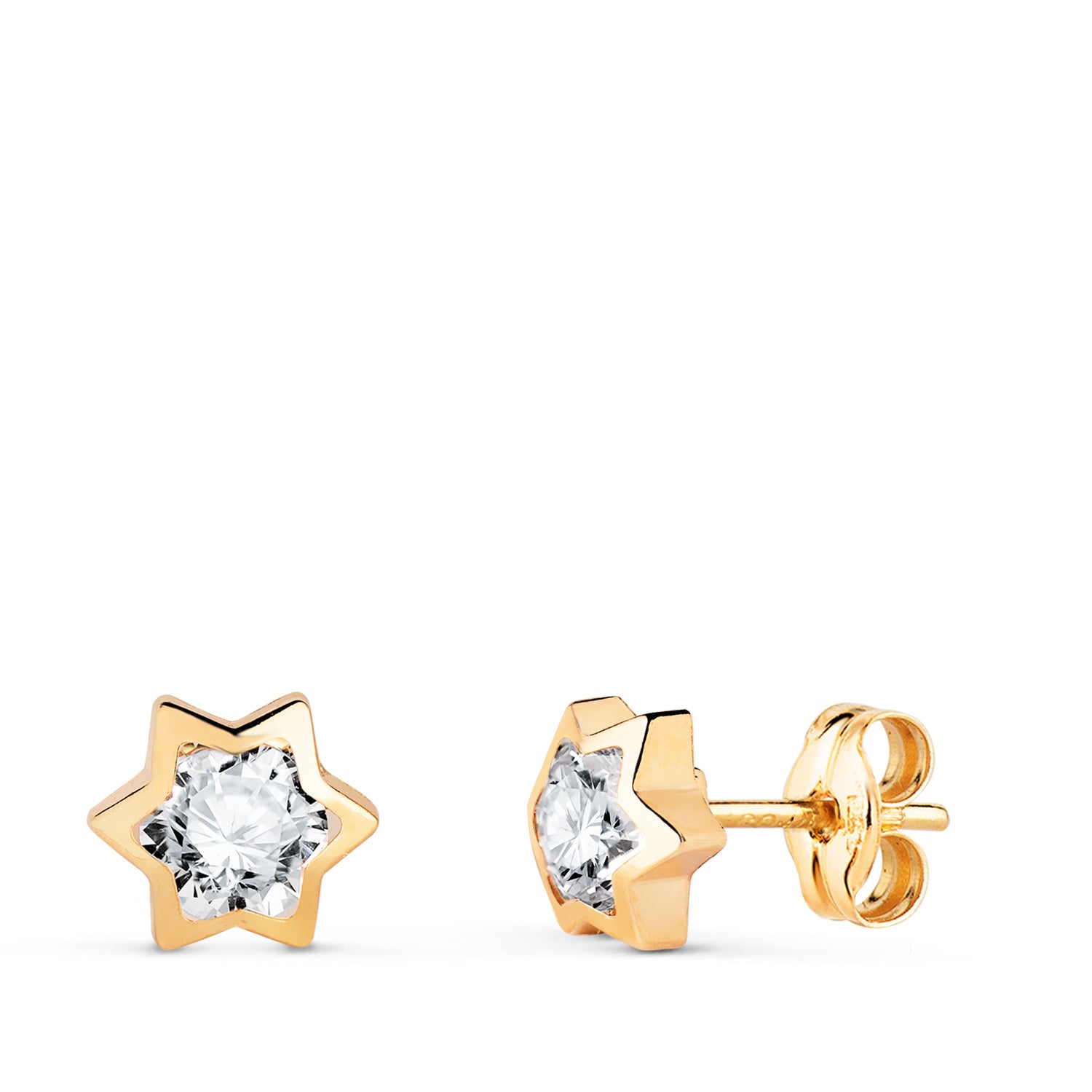 Boucles d'oreilles en Or Jaune 18K Étoile avec Zirconia Taille : 6X5,5 mm Fermoir Poussettes Papillon