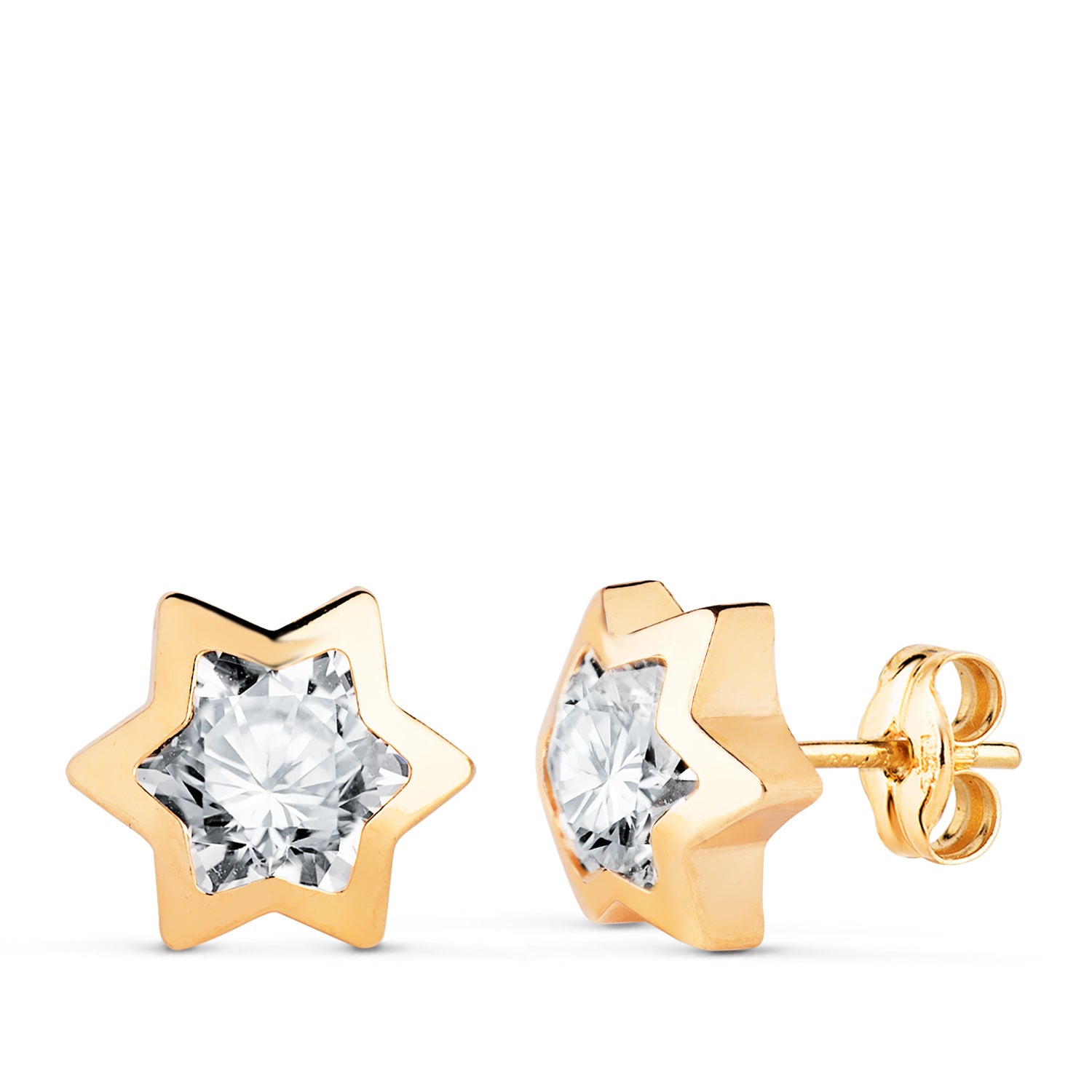 Boucles d'oreilles en Or Jaune 18K Étoile avec Zirconia Taille : 9X8 mm Fermoir Poussettes Papillon