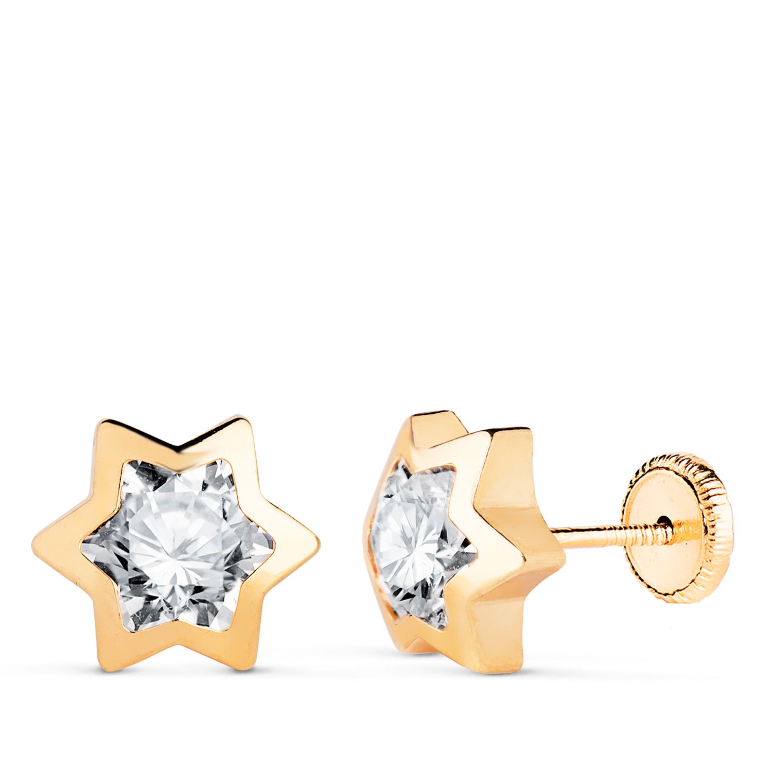 Boucles d'oreilles en Or Jaune 18K Étoile avec Zirconia Taille : 9X8 mm Fermoir a Vis