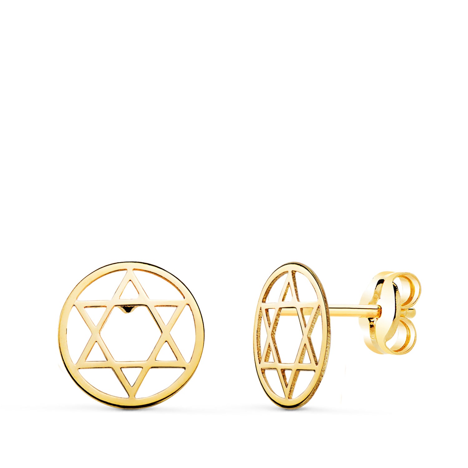 Boucles d'oreilles Or Jaune 18K Étoile Ronde de David Pulie 8 mm Fermoir Fermoir Pousseettes Papillon