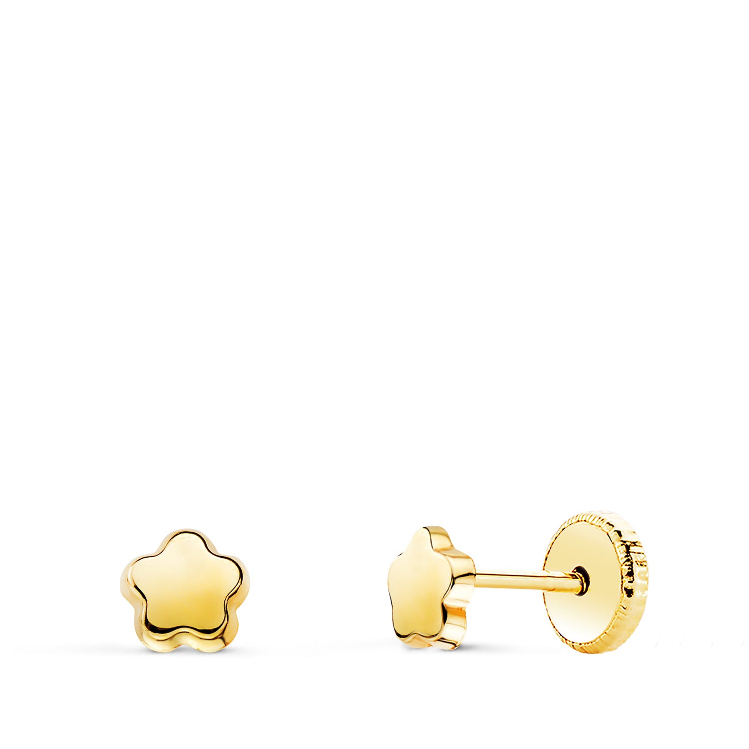 Pendientes Oro Amarillo 18K Flor Lisa Cierre Tuerca 4,5 X 4,5 mm