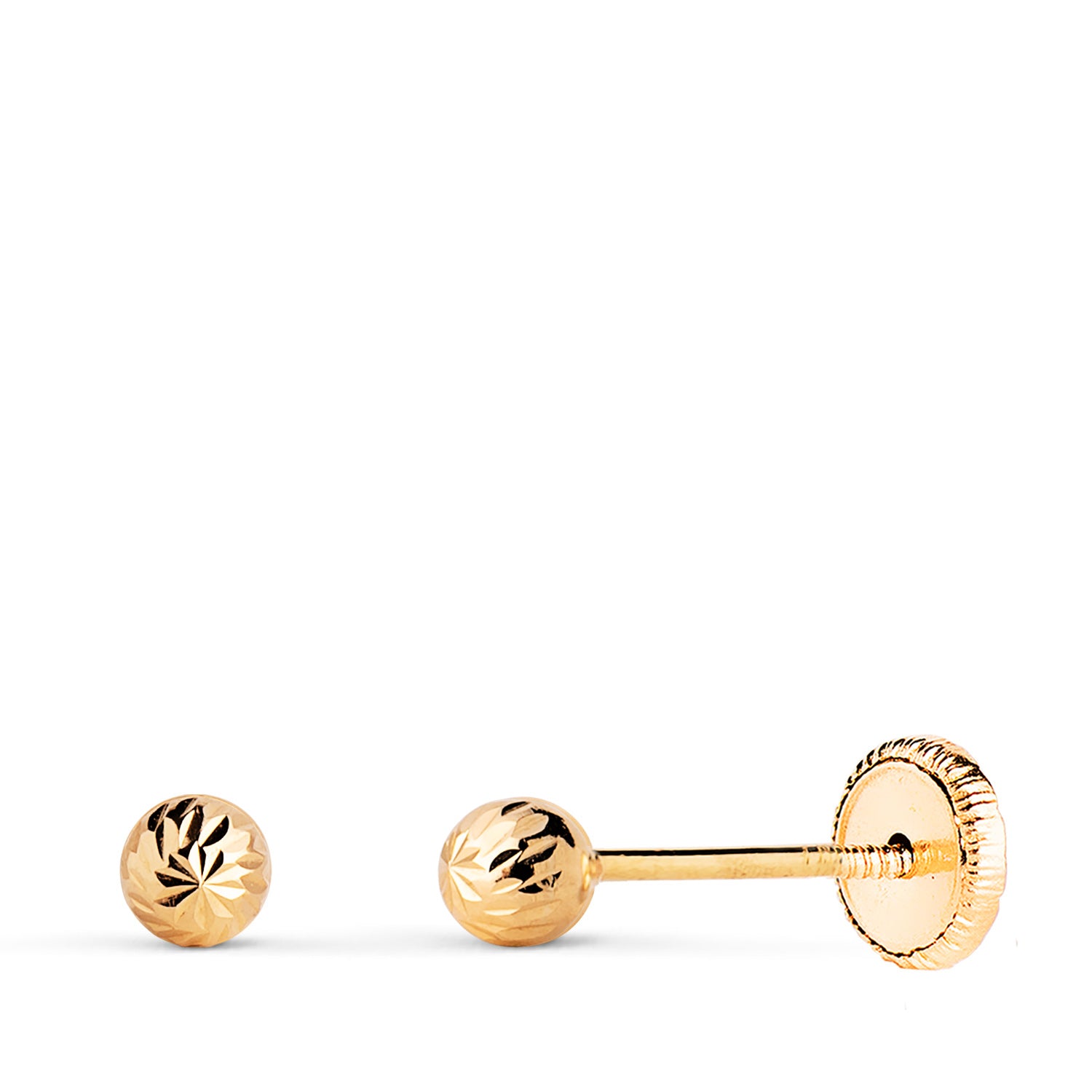 Boucles d'oreilles en Or Jaune 18K Boule Creuse Sculptée Largeur : 3 mm Fermeture à Écrou