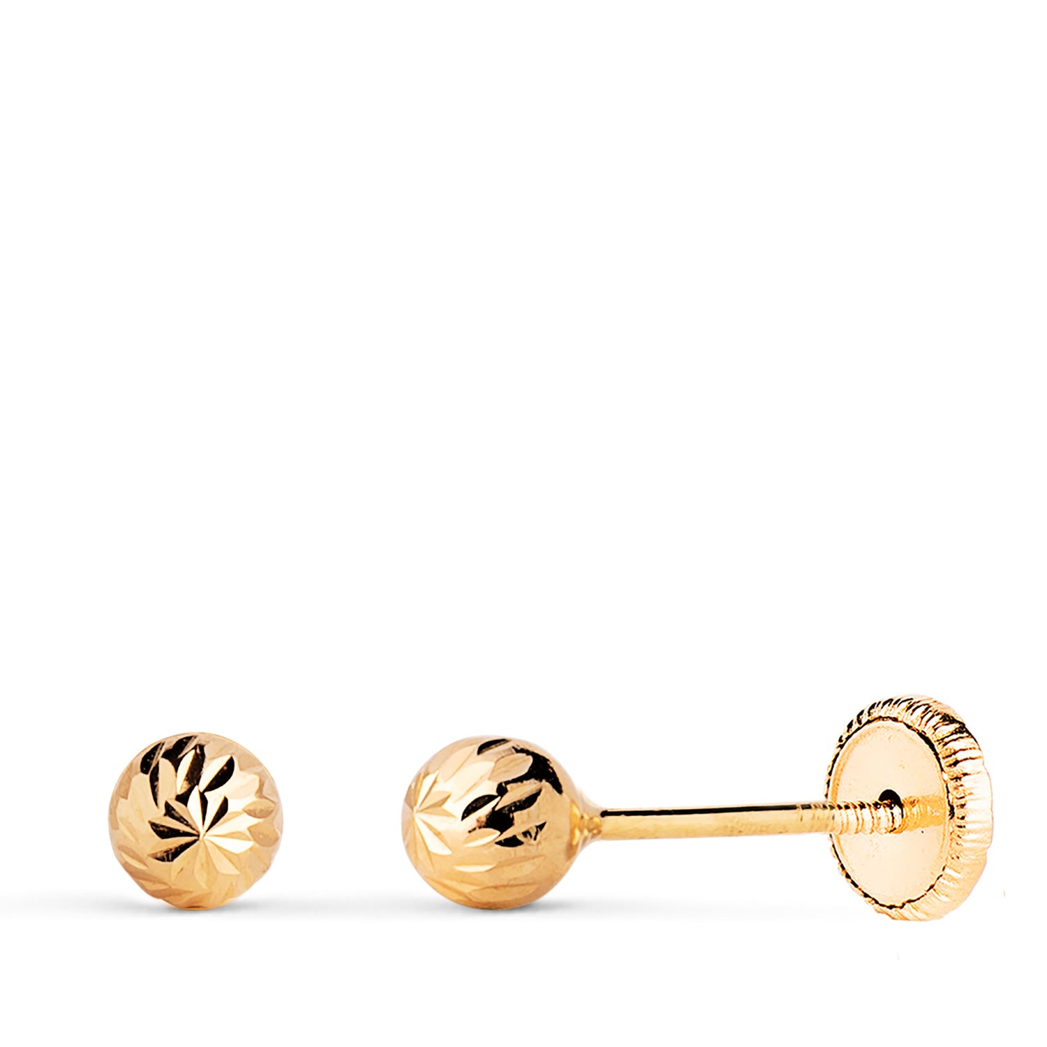 Boucles d'oreilles en Or Jaune 18K Boule Creuse Sculptée Largeur : 4 mm Fermeture à Écrou