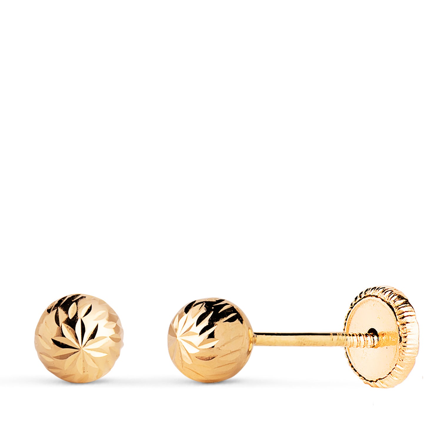 Boucles d'oreilles en Or Jaune 18K Boule Creuse Sculptée Largeur : 5 mm Fermeture Par Écrou