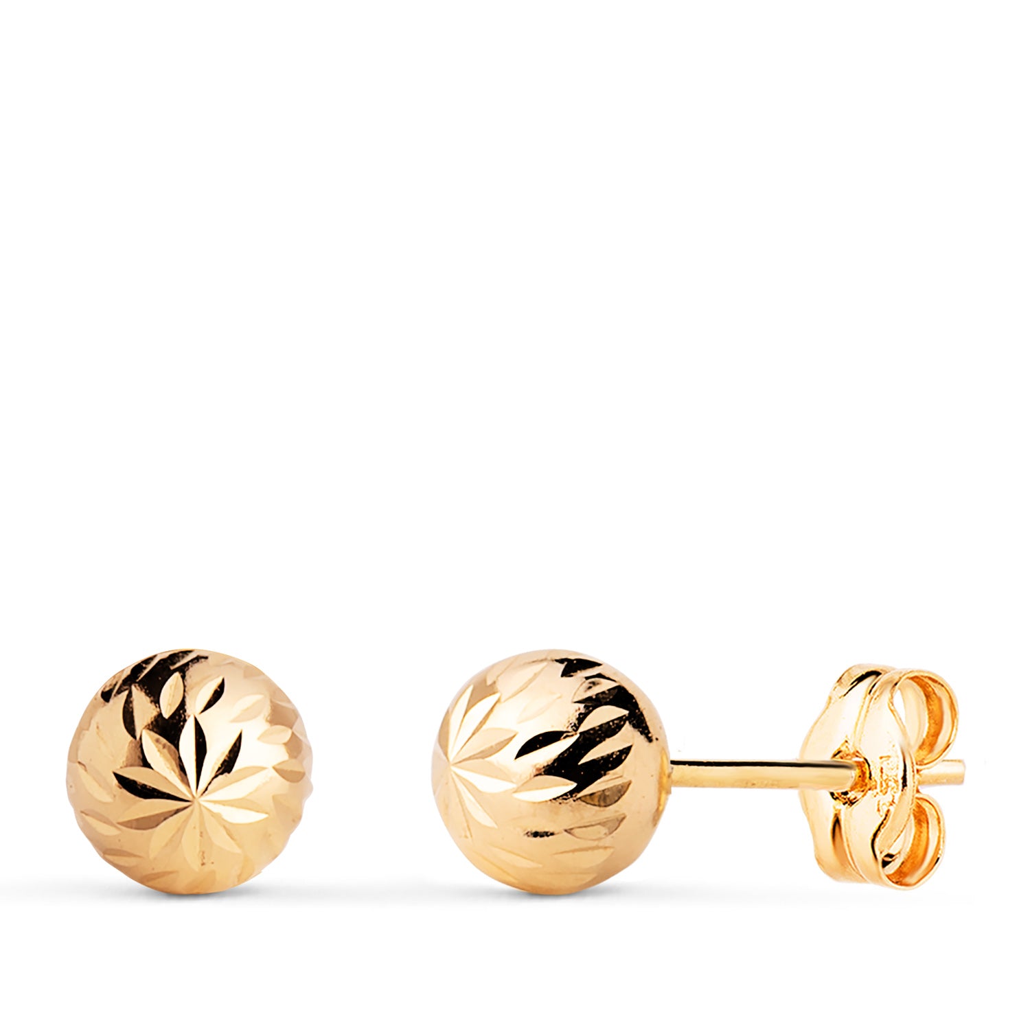 Boucles d'oreilles Or Jaune 18K Boule Creuse Sculptée Largeur : 6 mm Boutons Pression