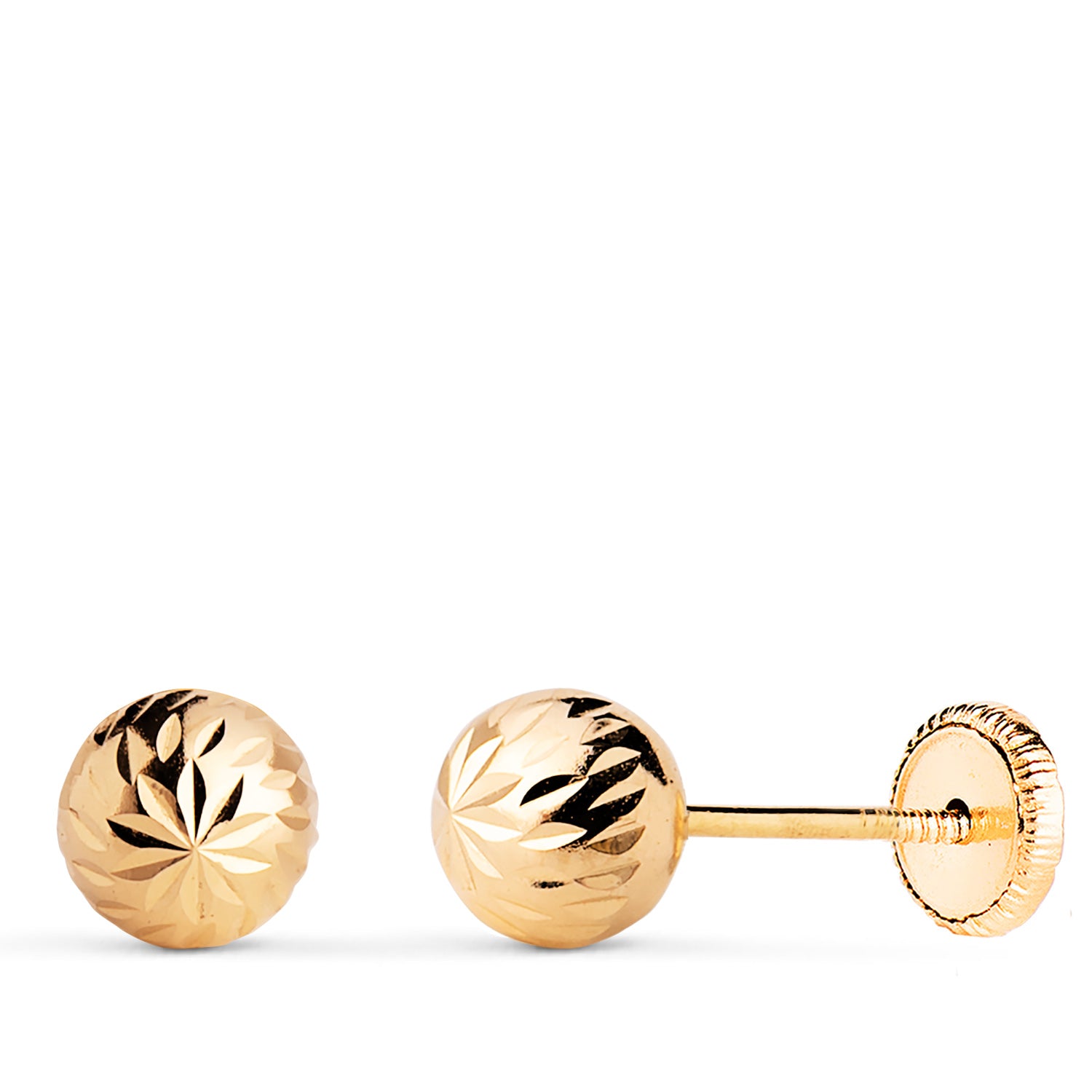 Boucles d'oreilles Or Jaune 18K Boule Creuse Sculptée Largeur : 6 mm Fermoir Mousqueton