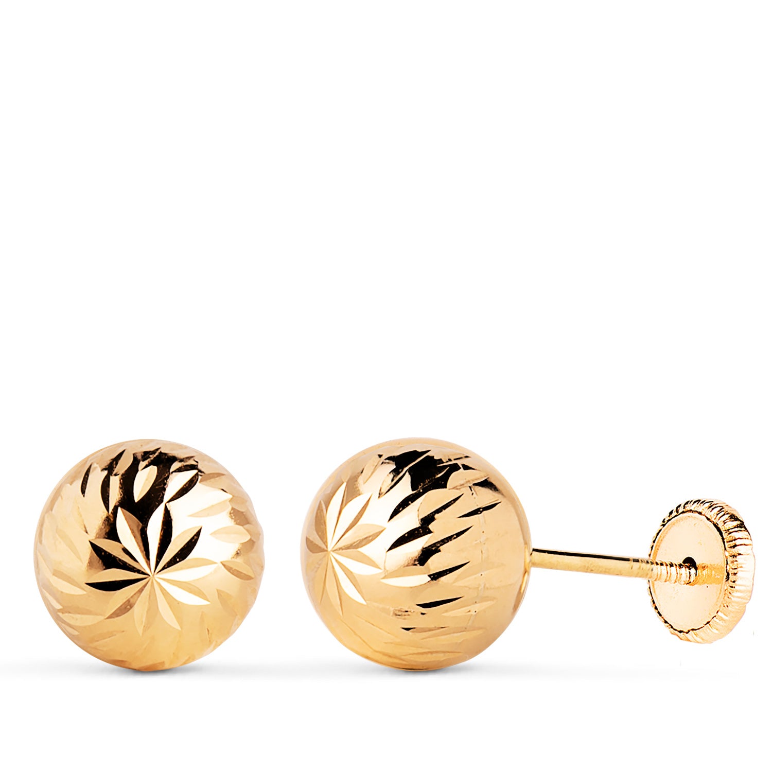 Boucles d'oreilles en Or Jaune 18K Boule Creuse Sculptée Largeur : 8 mm Fermeture à Écrou