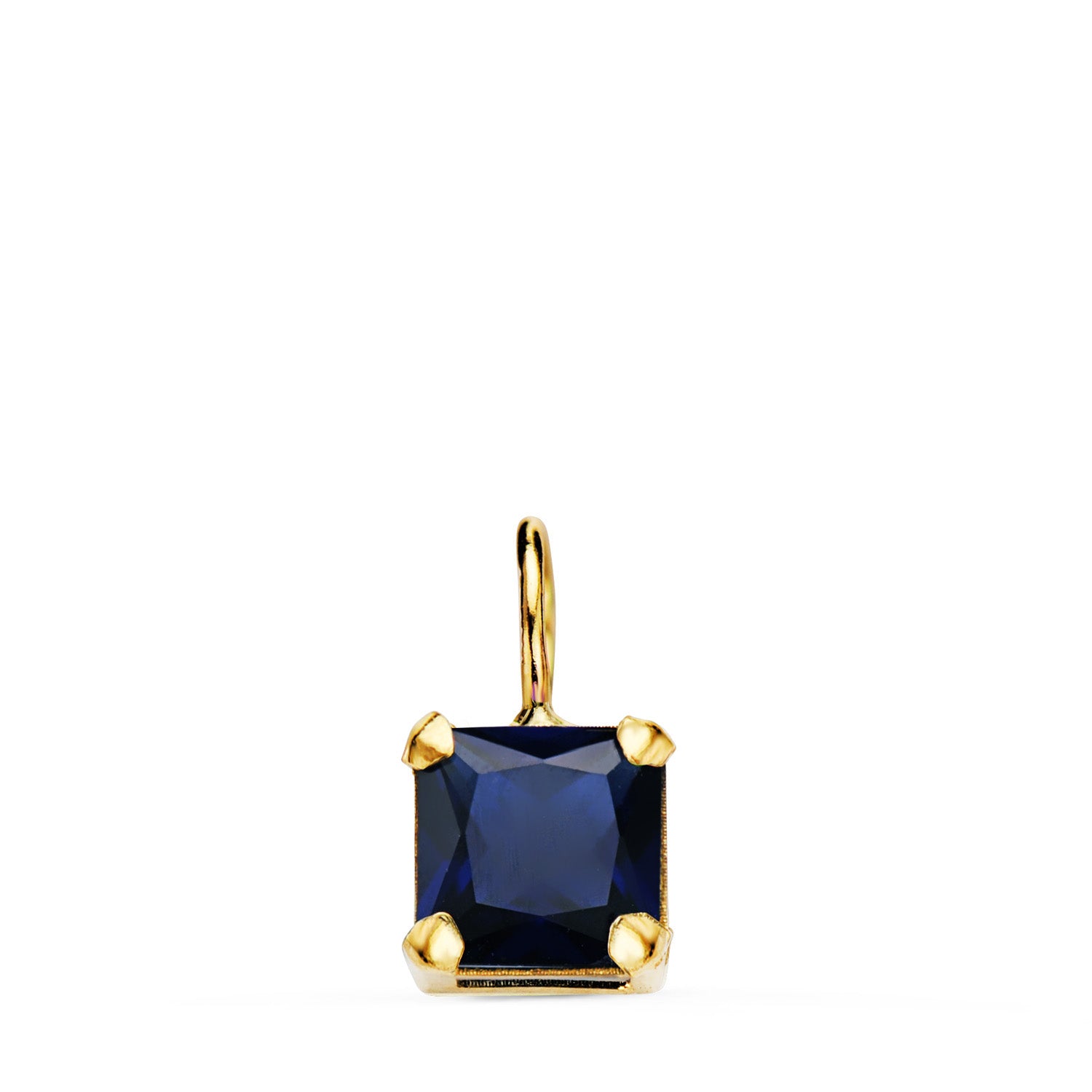 Pendentif Carré Or Jaune 18K Griffes et Pierre Bleue 6,5 X 6,5 mm