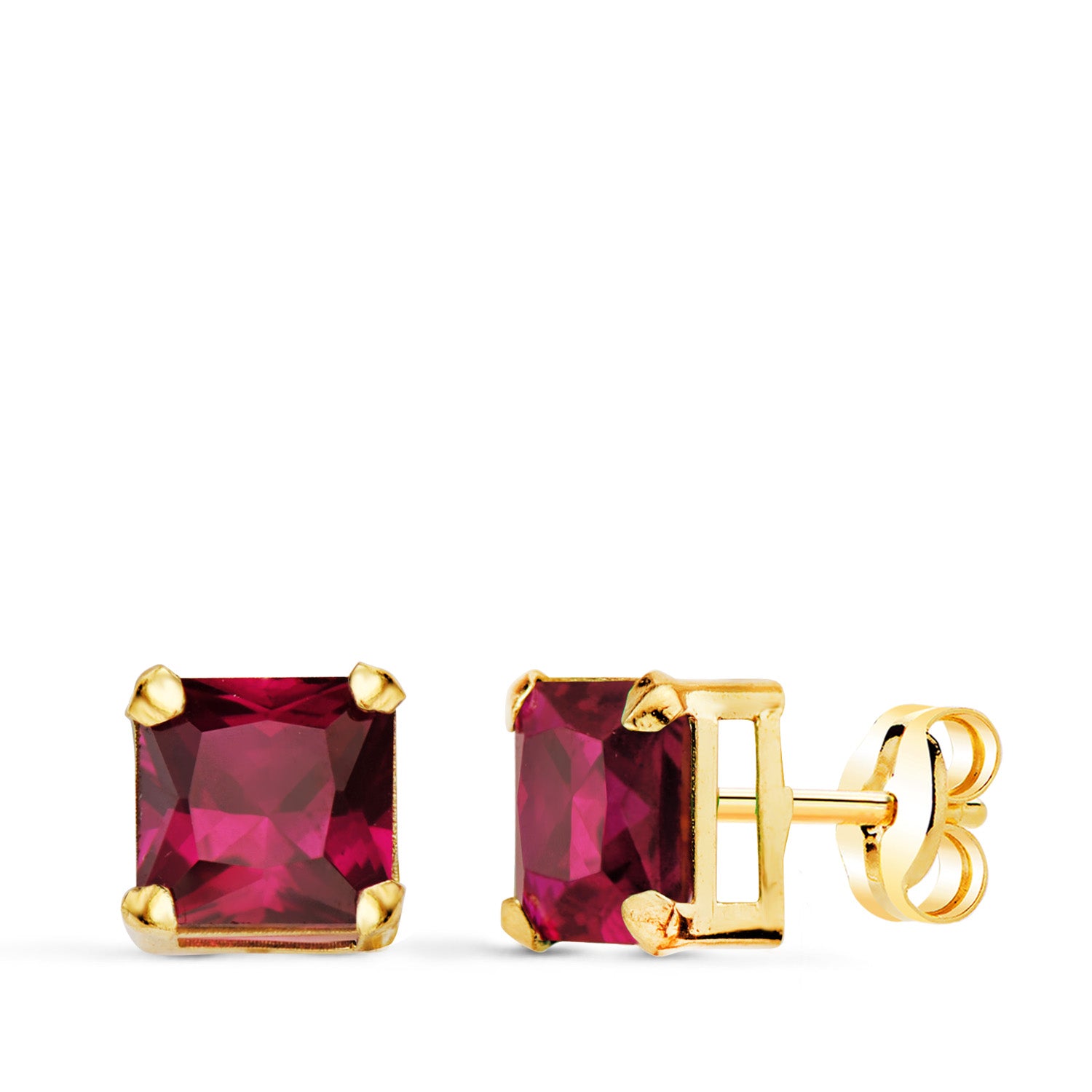 Boucles d'oreilles Carrées Or Jaune 18K Pierre Rouge 6 X 6 mm Fermoir Paussettes Papillon