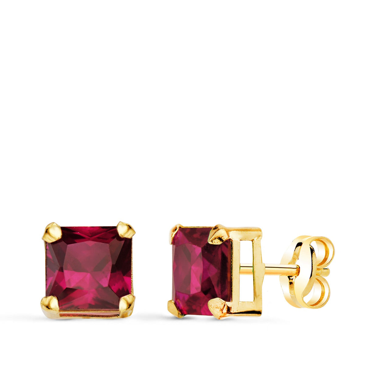 Boucles d'oreilles carrées griffes – Or jaune 18 carats – Rouge