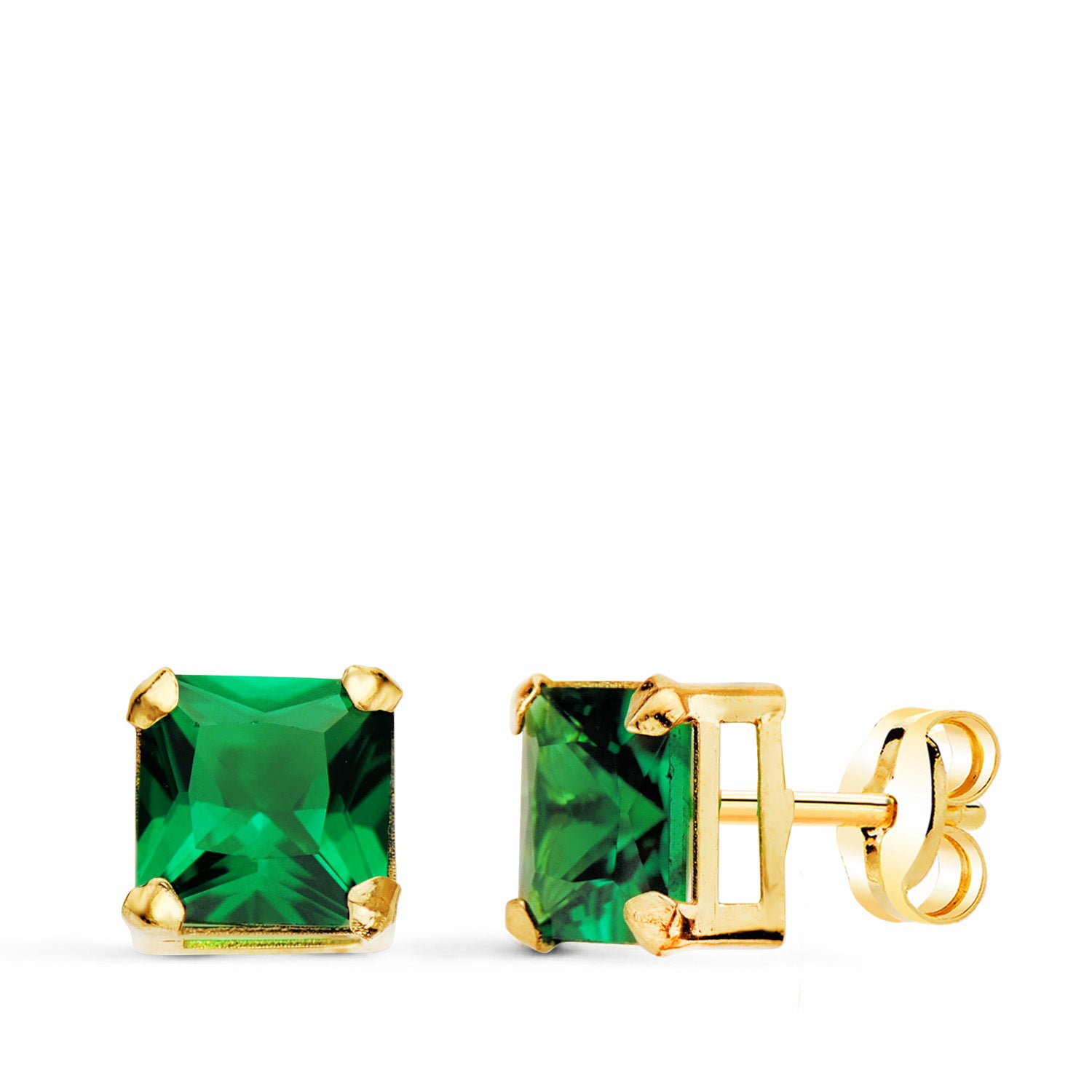 Firkantede øreringe 18 K gul guld grøn sten 6 X 6 mm Butterfly Push lås