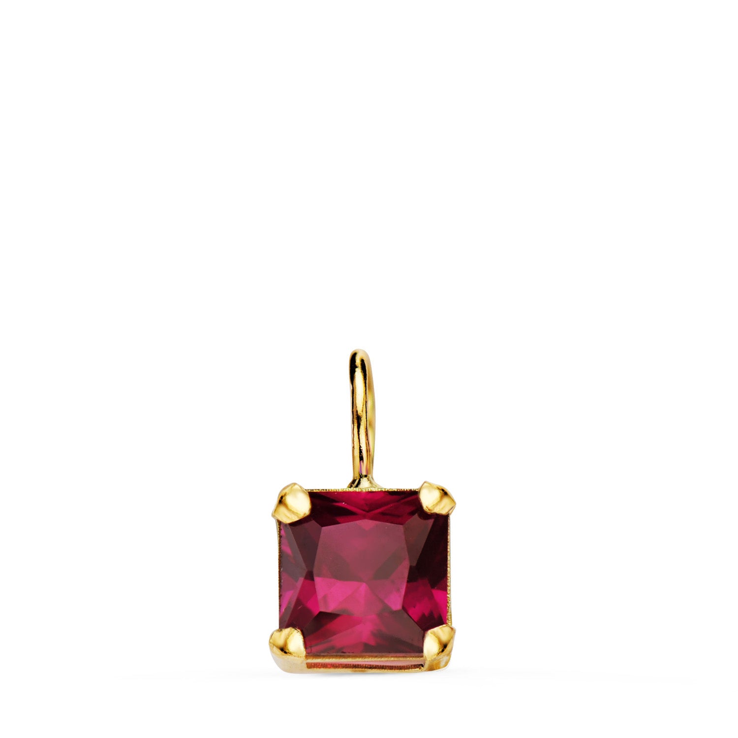 Pendentif Carré Or Jaune 18K Griffes et Pierre Rouge 6,5 X 6,5 mm