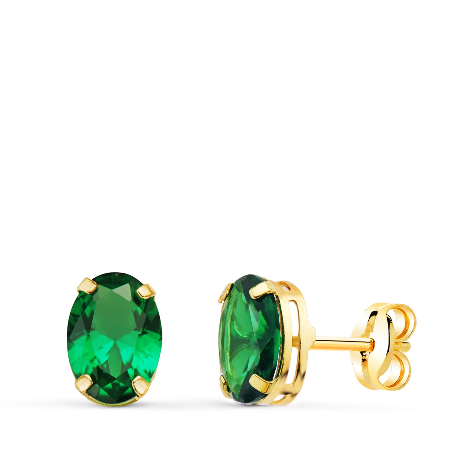 Boucles d'oreilles Or Jaune 18K Pierre Verte Ovale 7 X 5 mm Fermoir Fermoir Pousseettes Papillon