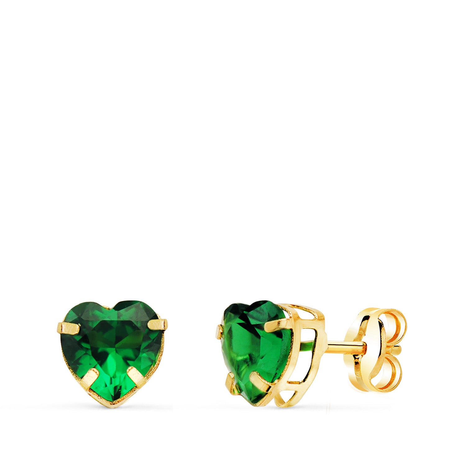 Boucles d'oreilles Or Jaune 18K avec Coeur Pierre Verte 6 X 6 mm Fermoir Poussette Papillon
