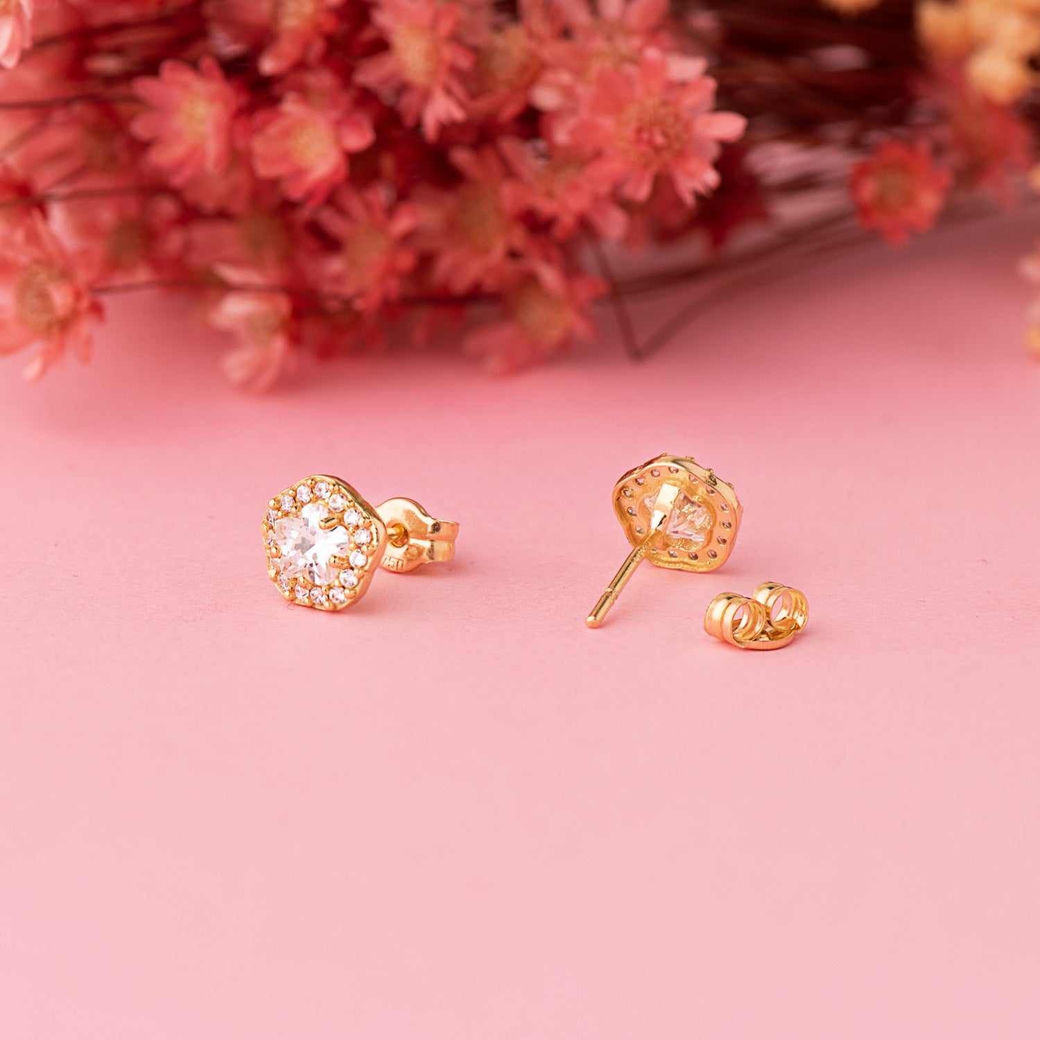 18K イエロー ゴールド ホワイト ジルコニア フラワー イヤリング 7 x 6.5 mm バタフライ クラスプ クラスプ
