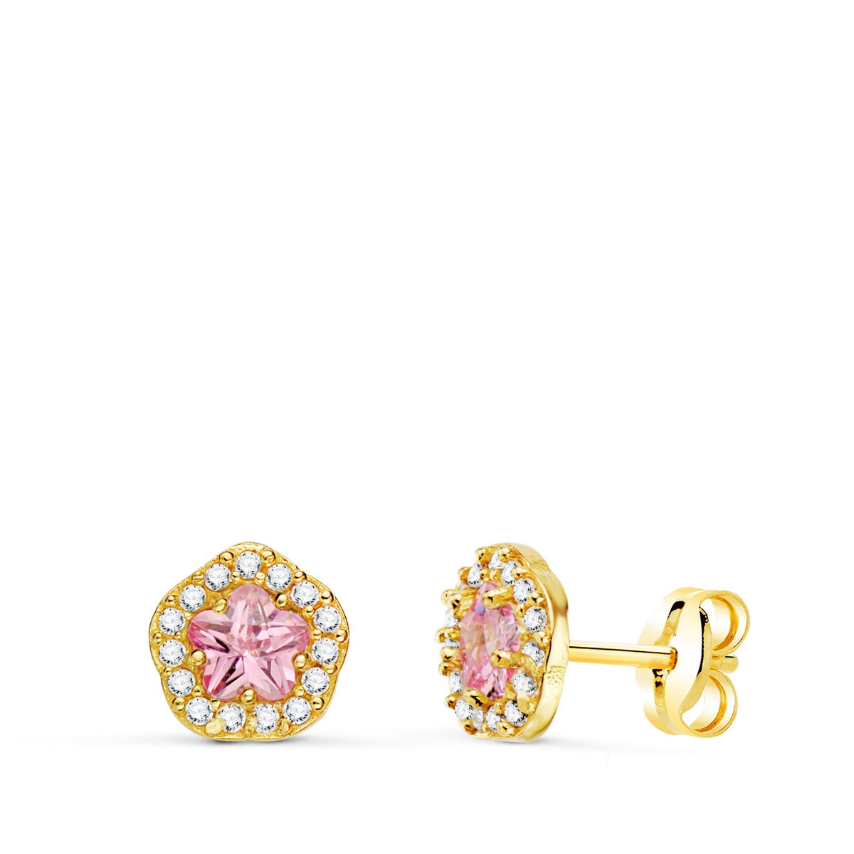 Boucles d'oreilles fleur oxydes de zirconium – Or jaune 18 carats – Rose
