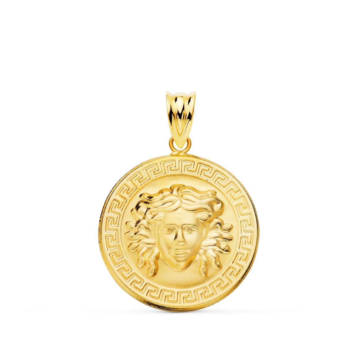 18K Médaille Meduse et Bord Grecque Mate en Or Jaune 20 mm