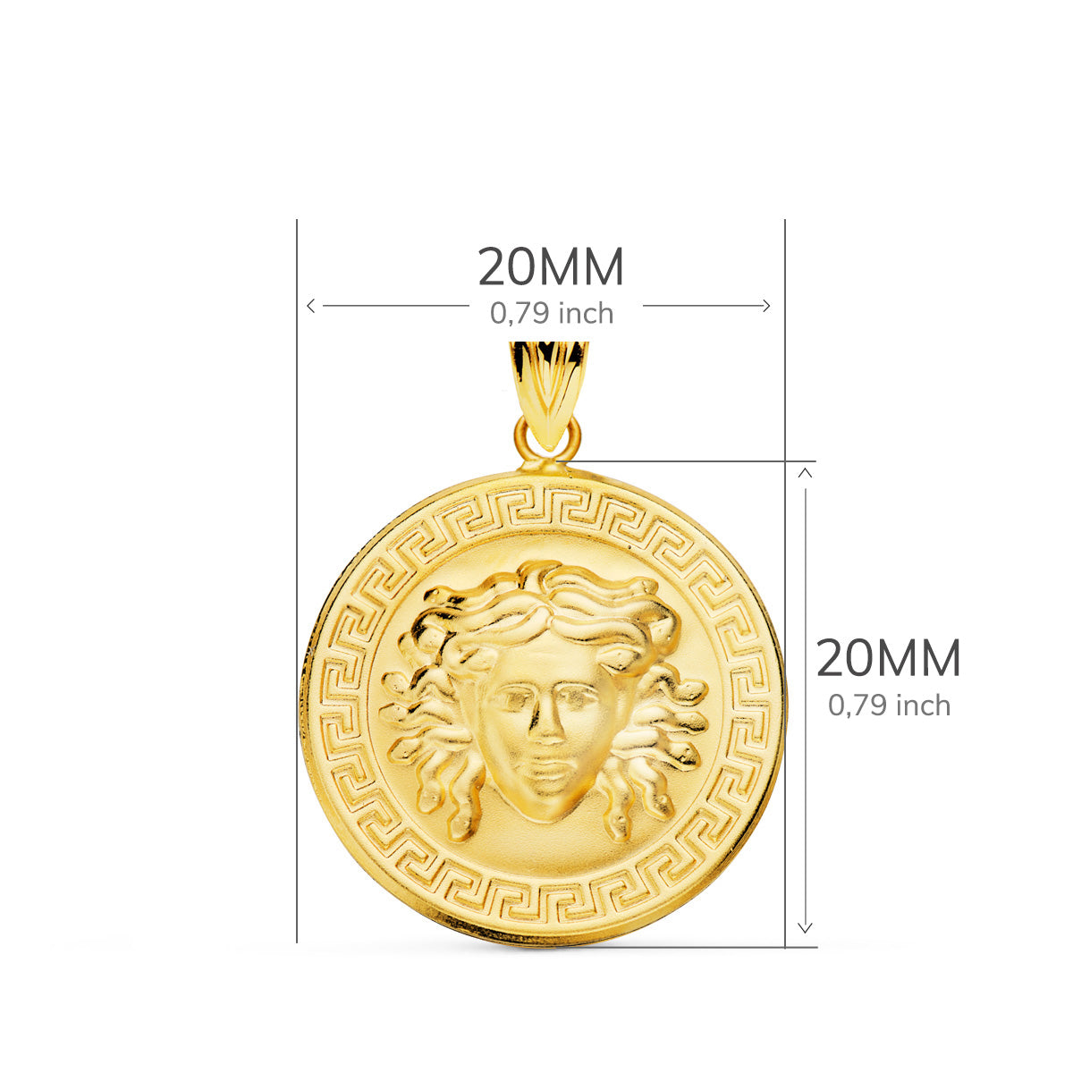 18K Médaille Meduse et Bord Grecque Mate en Or Jaune 20 mm