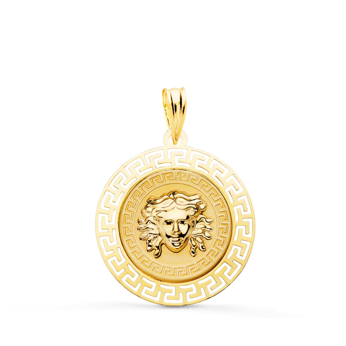 18K Pendentif Meduse Entouré Dun Motif Greca en Or Jaune 20MM