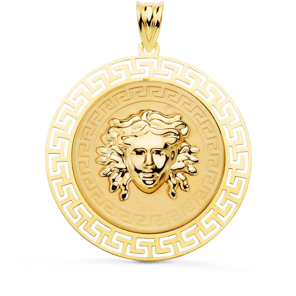 18K Pendentif Meduse Entouré Dun Motif Greca en Or Jaune 33MM