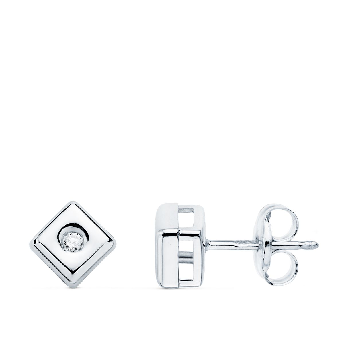 Boucles d'oreilles Chaton Carré 18K Or Blanc Lab Diamants 0.040 Cts G-VS2 Fermoir 5.5 mm
