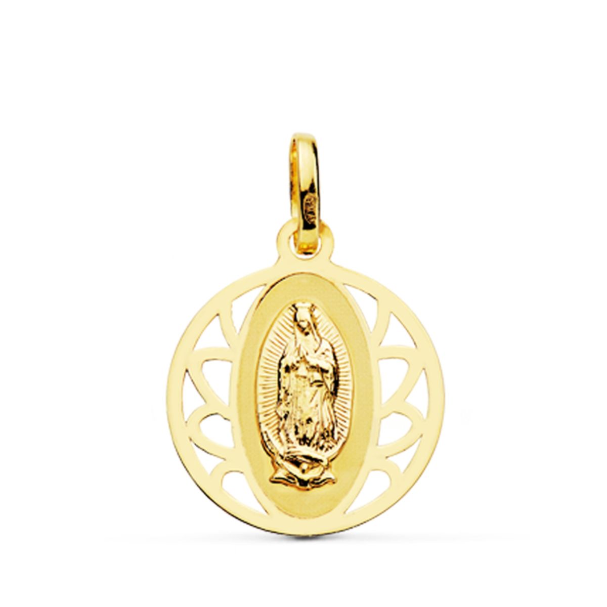 Médaille Or Jaune 18K Vierge Guadalupe Clôture Ronde 16 mm
