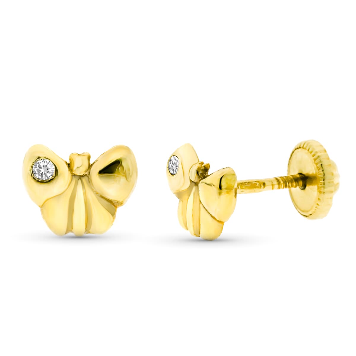 9K Boucles d'oreilles Papillon en Or Jaune Diamants 0.016 Ct Si-h 6X5 mm Fermoir à Vis