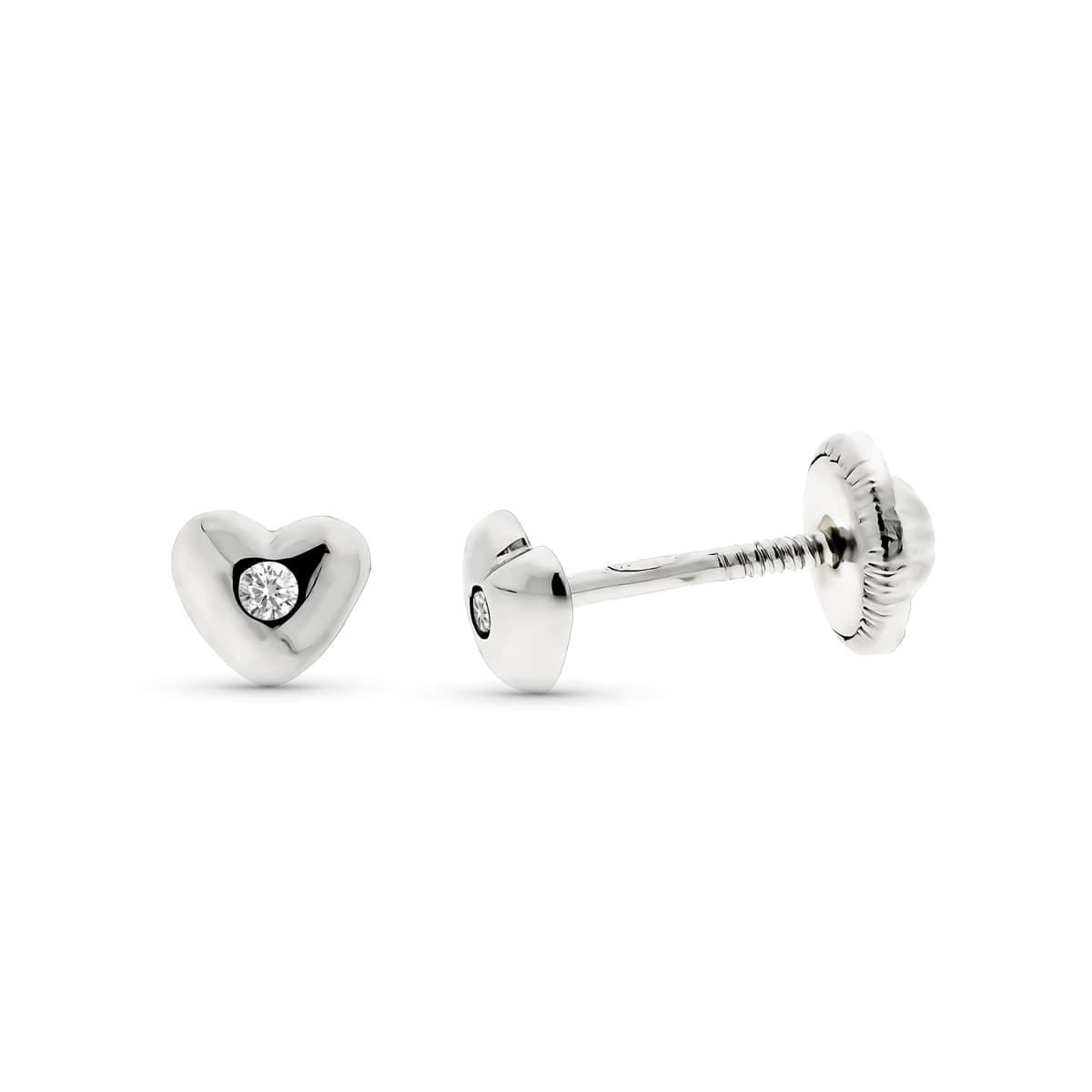 9K Clous d'oreilles Coeurs en Or Blanc Diamants 0.016 Ct Si-h 4 mm