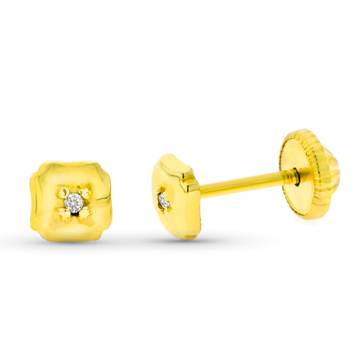 9K Clous d'oreilles Trèfles en Or Jaune avec Diamants 0.03 Ct Si-h 4 mm Fermoir à Vis
