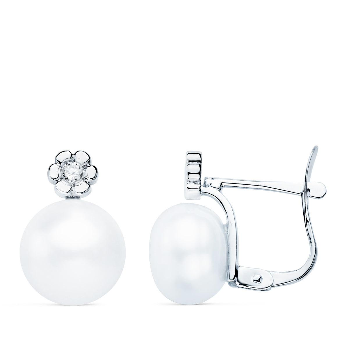 Boucles d'oreilles Or Blanc 18K Diamants Lab 0,06 Cts G-VS2 Perle 9 mm Taille : 13X9 mm Fermoir Catalan